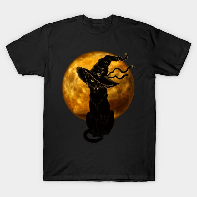Beautiful Halloween Black Cat with Witch Hat and Full Moon T-Shirt by Dibble Dabble Designs
